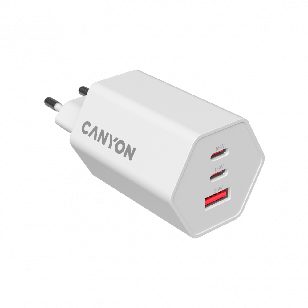 Biała ładowarka Canyon z 3 portami USB: dwa 65W i jeden 36W.