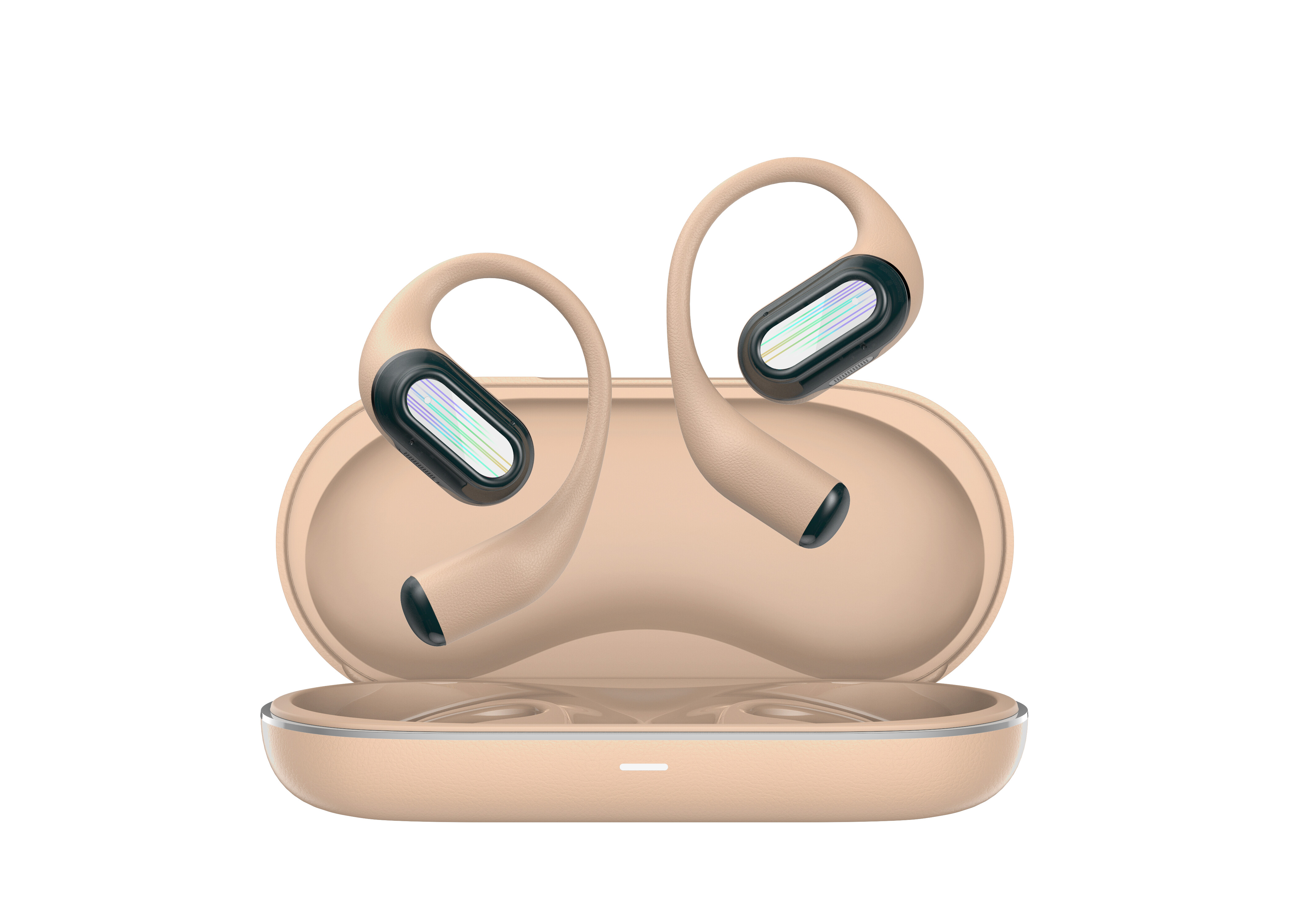 Beżowe słuchawki z etui ładującym. Białe tło.