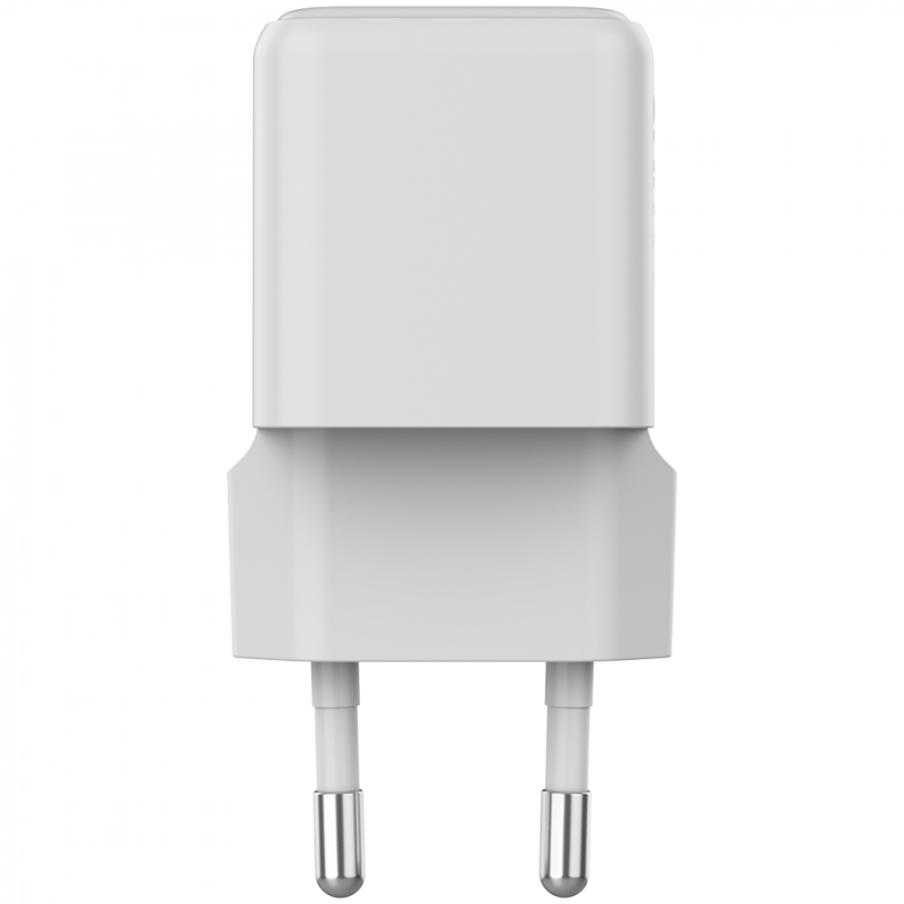 Biały adapter sieciowy z dwoma srebrnymi bolcami na czarnym tle.