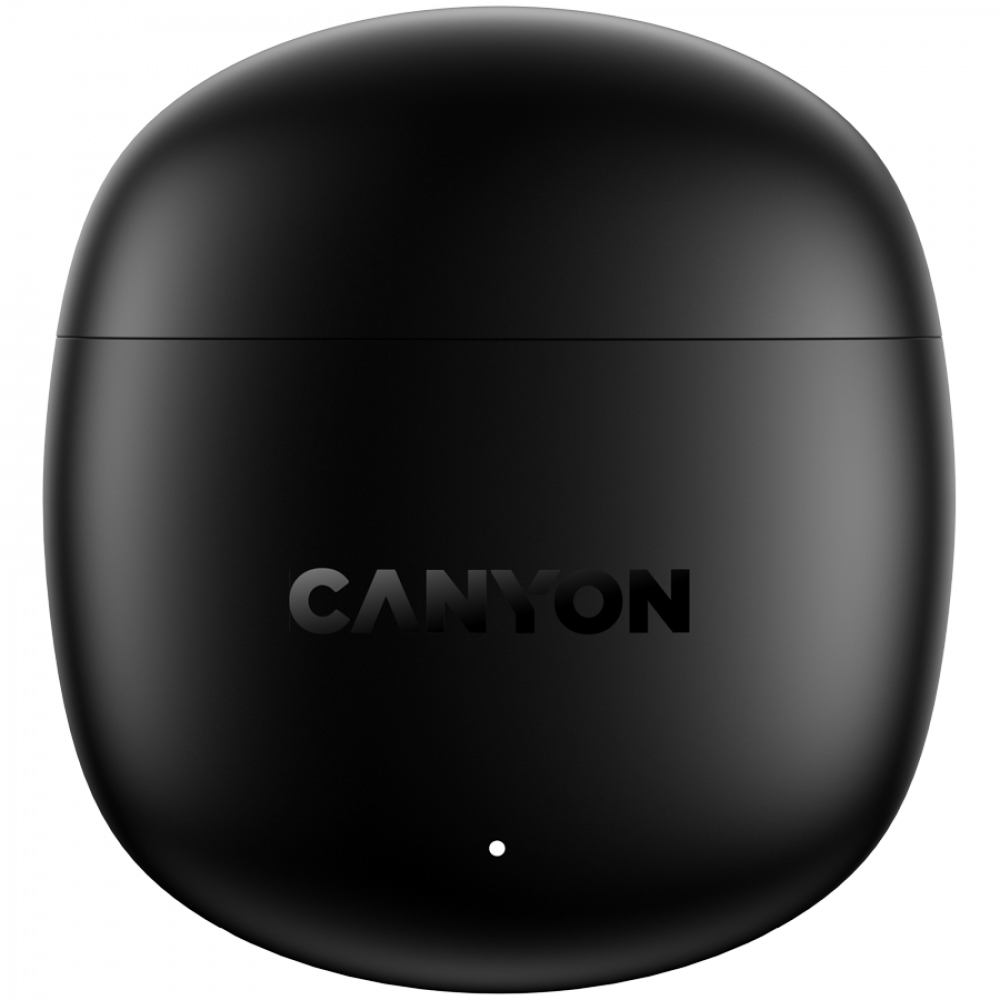 Czarne etui ładujące do słuchawek z logo CANYON i małą białą diodą LED.