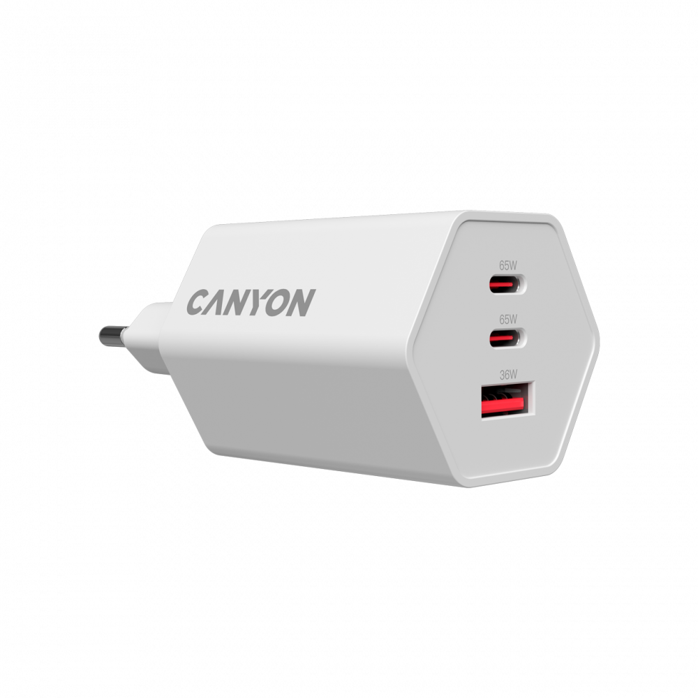 Biała ładowarka Canyon z trzema portami USB-C, pokazująca parametry mocy.