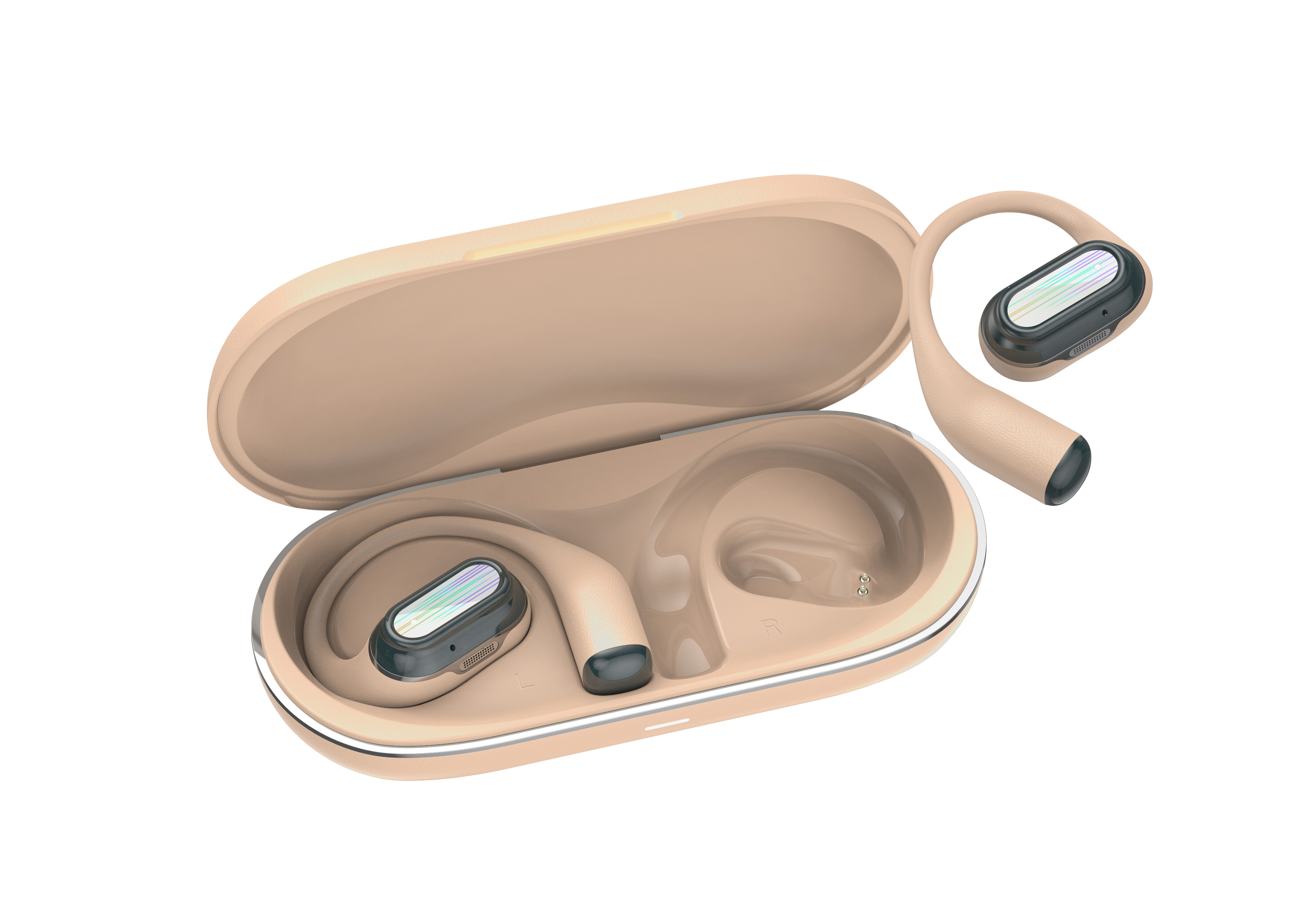Jasnobrązowa ładowarka z dwoma bezprzewodowymi słuchawkami w środku.