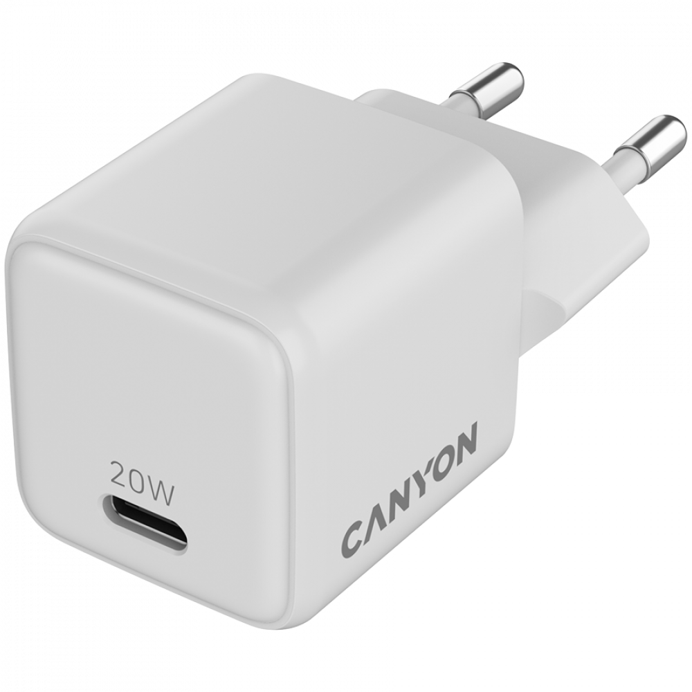Biała ładowarka Canyon USB-C 20W z dwoma bolcami.