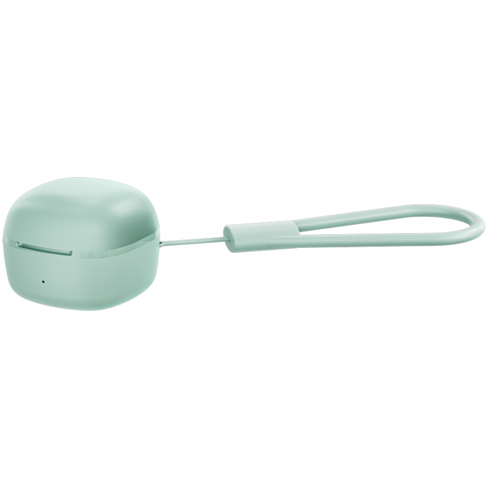 Jasnozielone etui ładujące do słuchawek bezprzewodowych z pętelką.