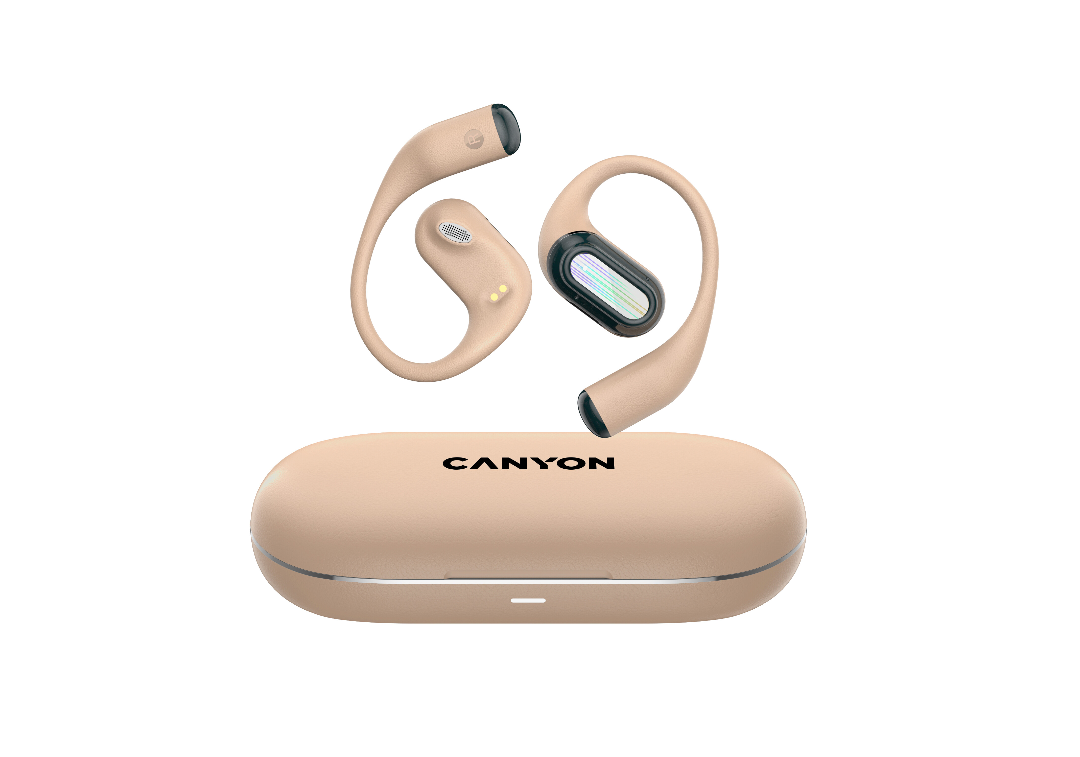 Beżowe słuchawki Canyon z etui ładującym, na białym tle.