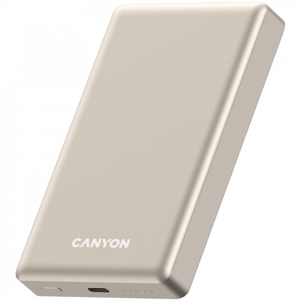 Złoty power bank Canyon z portem USB-C i wskaźnikami ładowania.
