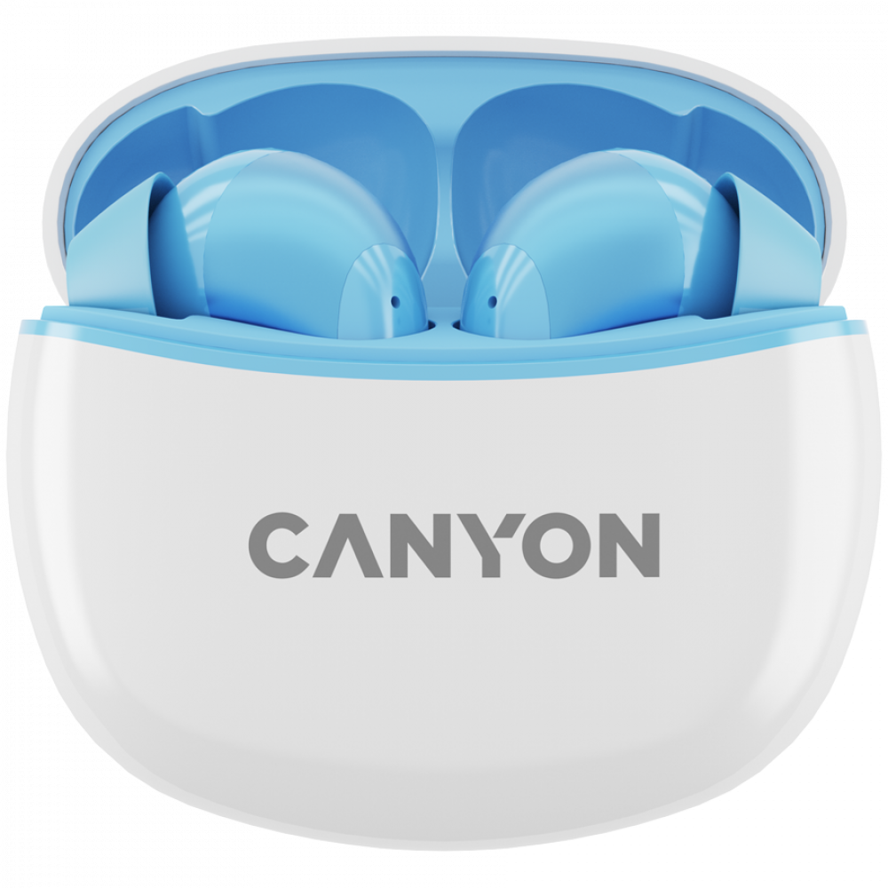 Białe etui ładujące z niebieskimi słuchawkami i logo CANYON.