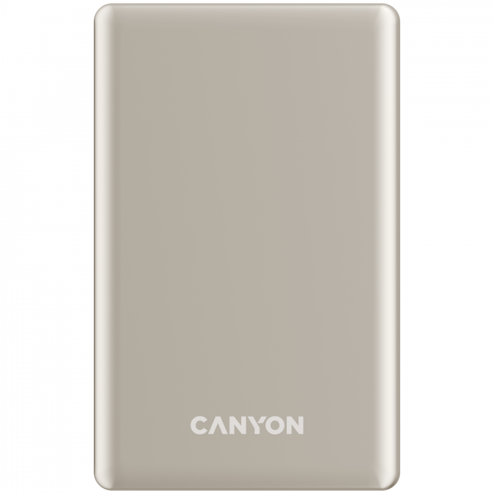 Jasnobrązowy power bank Canyon z zaokrąglonymi rogami na czarnym tle.