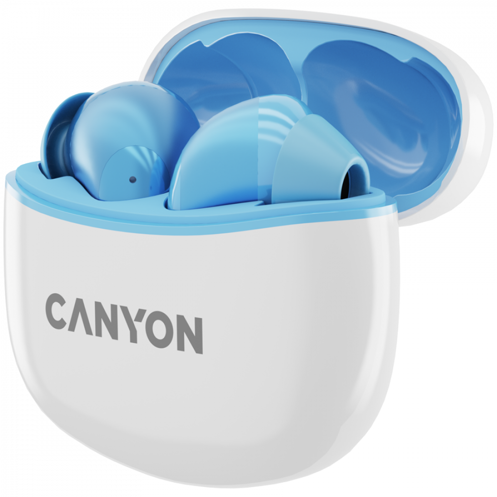 Białe etui ładujące z niebieskimi słuchawkami i otwartą pokrywą. Logo CANYON.