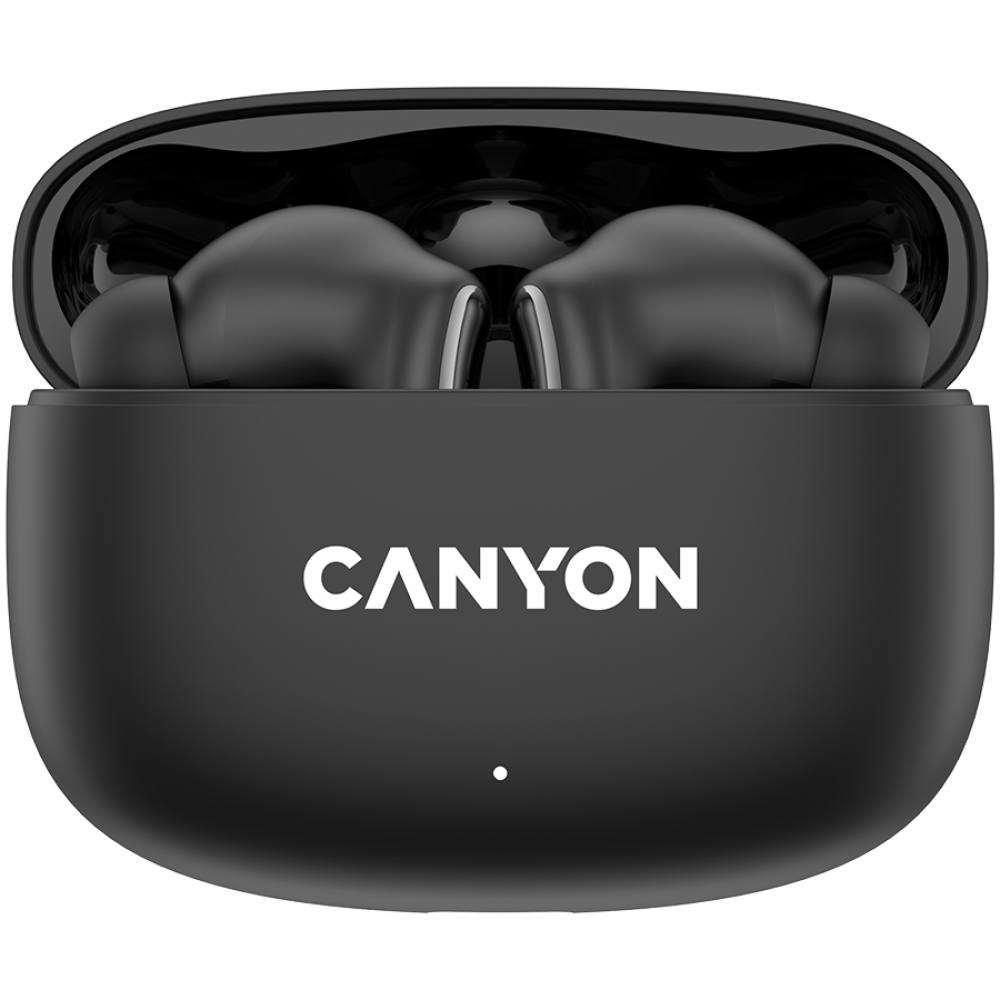 Czarne słuchawki bezprzewodowe w otwartym etui ładującym z logo CANYON.
