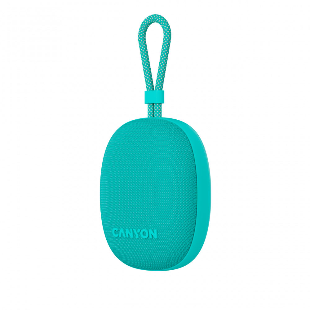Turkusowy głośnik przenośny z paskiem i kropkowanym wzorem. Widoczne logo Canyon.