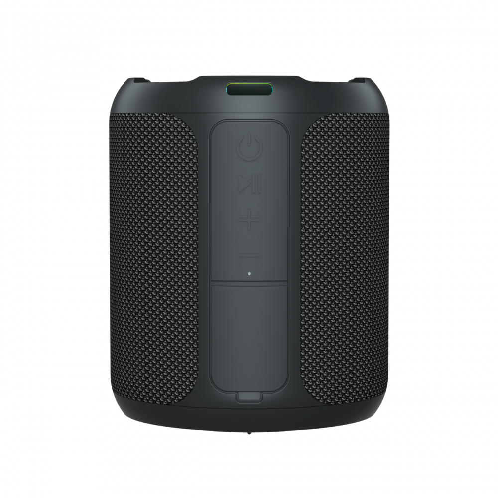 Ciemnoszary, cylindryczny głośnik z materiałową kratką i przyciskami.