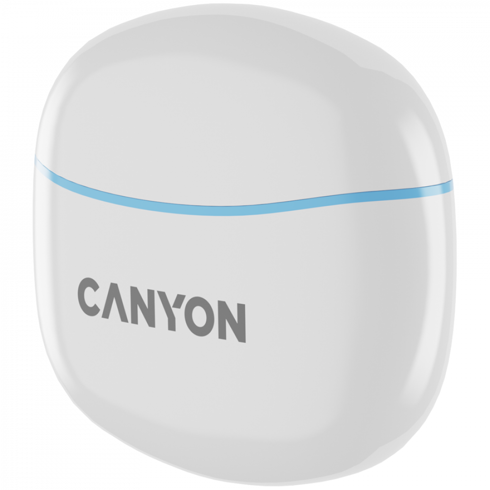 Białe etui z niebieskim paskiem i szarym logo Canyon.