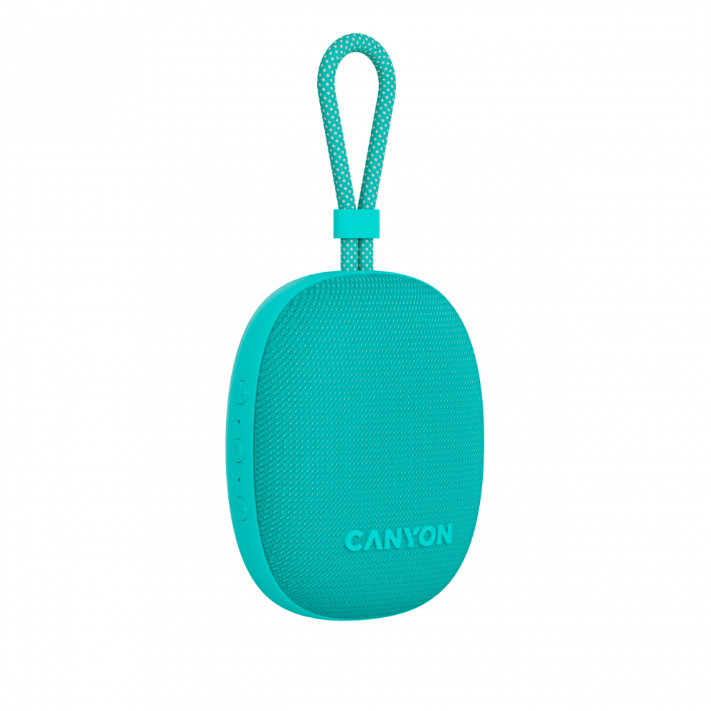 Turkusowy owalny głośnik z pętlą do zawieszenia i logo Canyon.