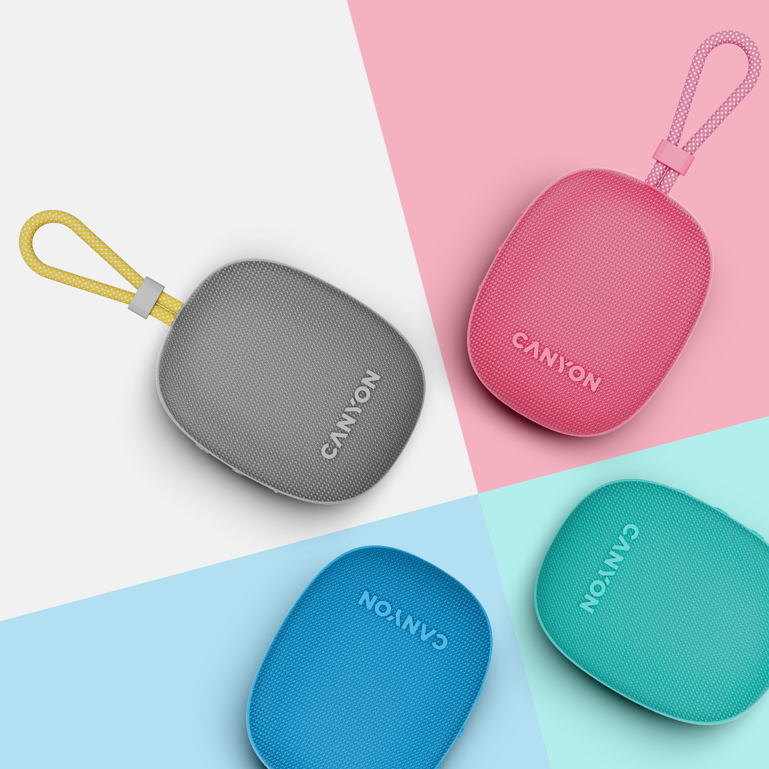 Cztery głośniki Canyon w kolorach szarym, różowym, niebieskim i turkusowym na kolorowych tłach.
