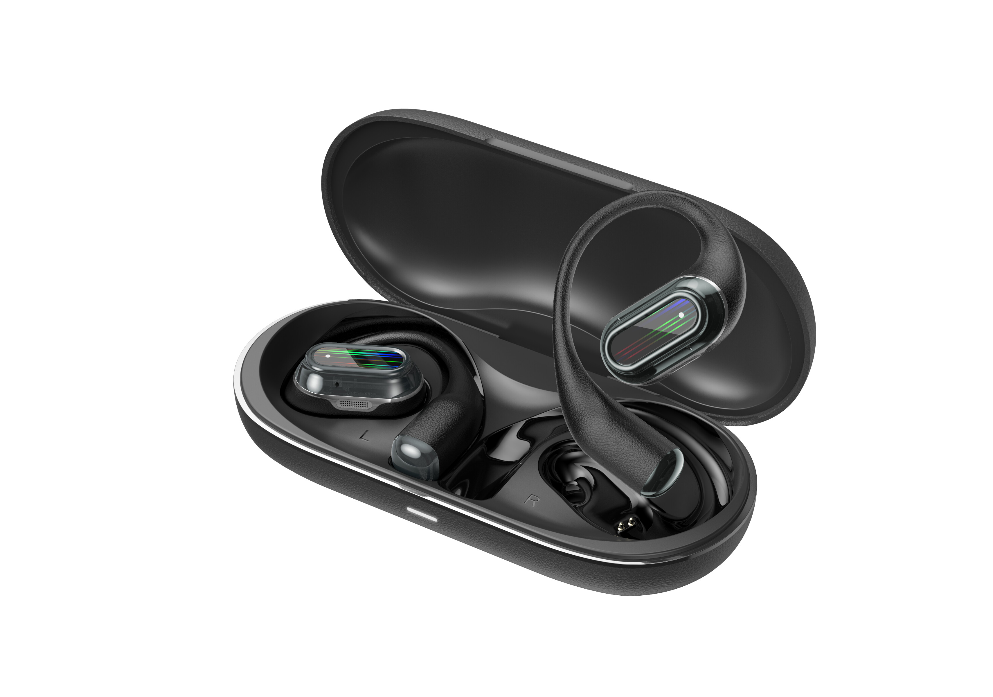 Czarne słuchawki bezprzewodowe z etui ładującym i stylowymi paskami LED.