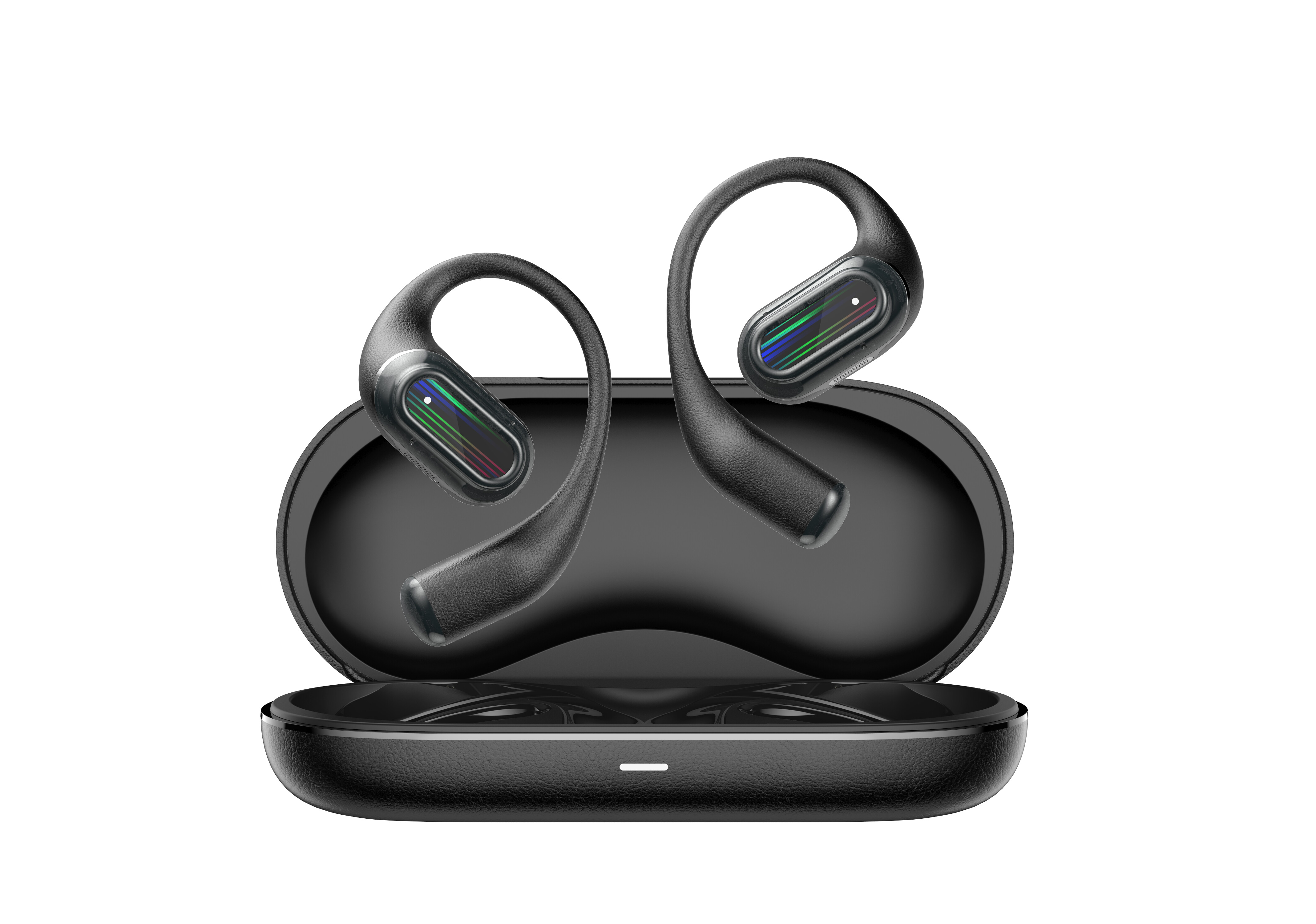 Czarne słuchawki bezprzewodowe z pałąkami i etui ładującym. Tęczowy akcent.