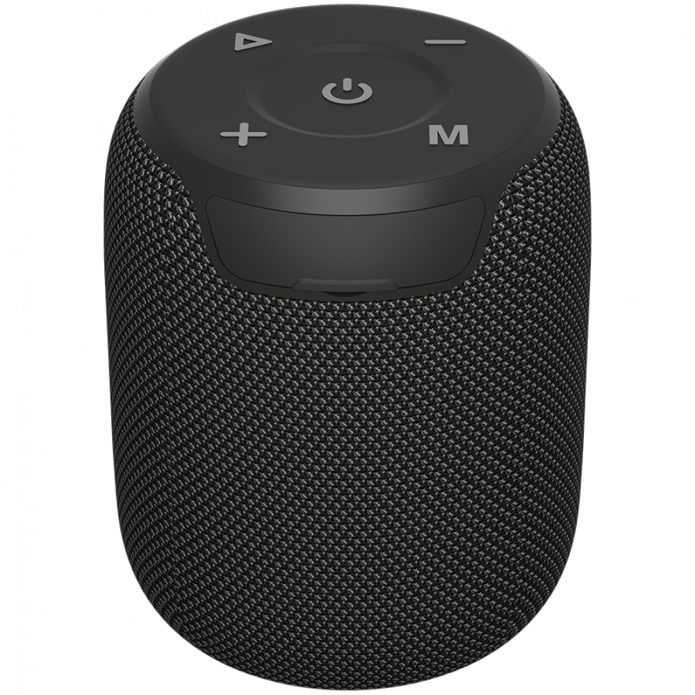 Czarny głośnik Bluetooth z przyciskami sterującymi i siateczkową obudową.