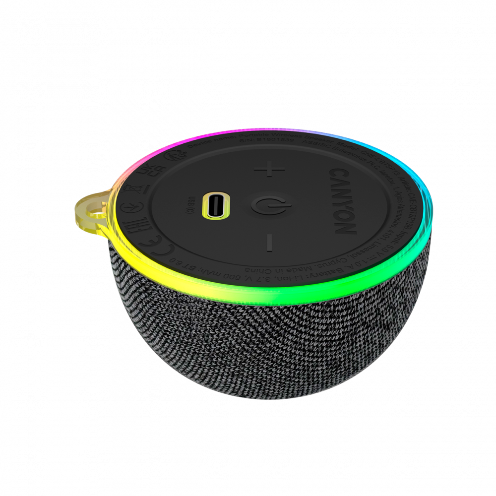 Czarny głośnik Canyon z USB-C, przyciskami i kolorowym pierścieniem świetlnym.