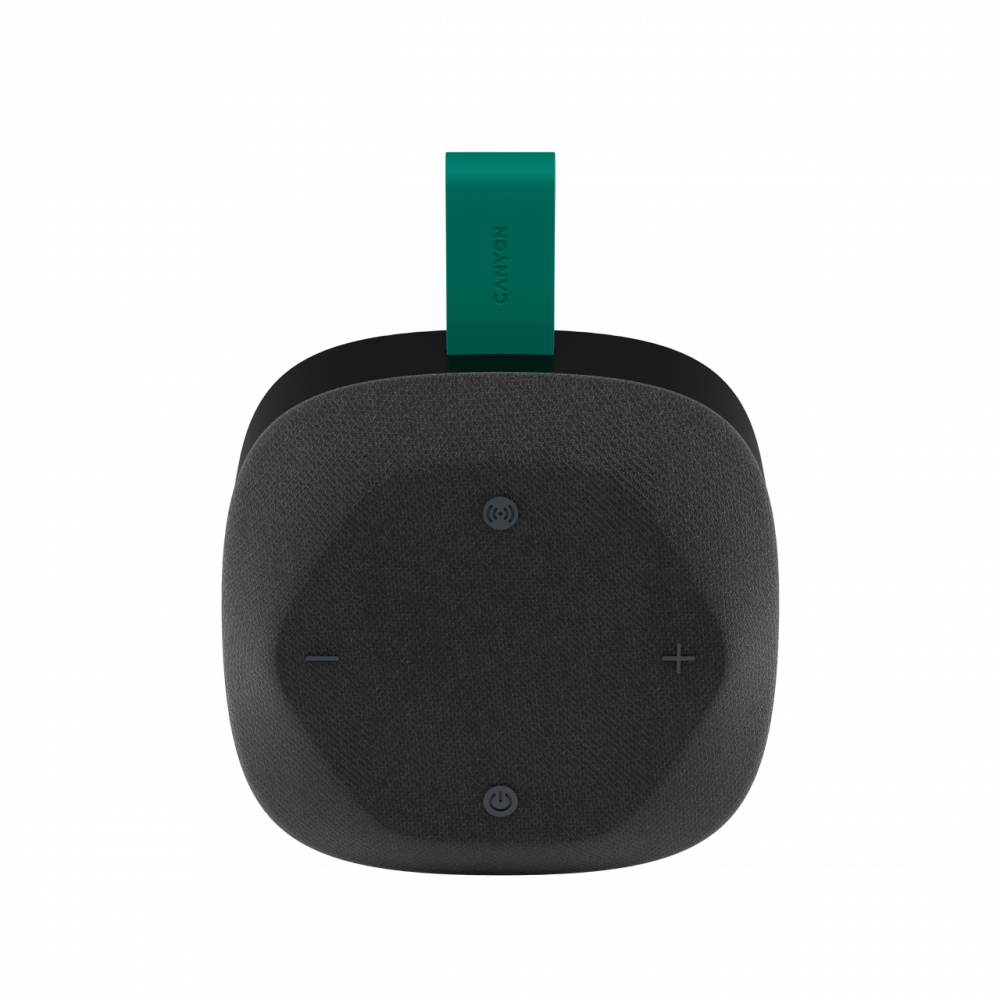 Czarny głośnik przenośny z zieloną pętlą i logo Canyon.