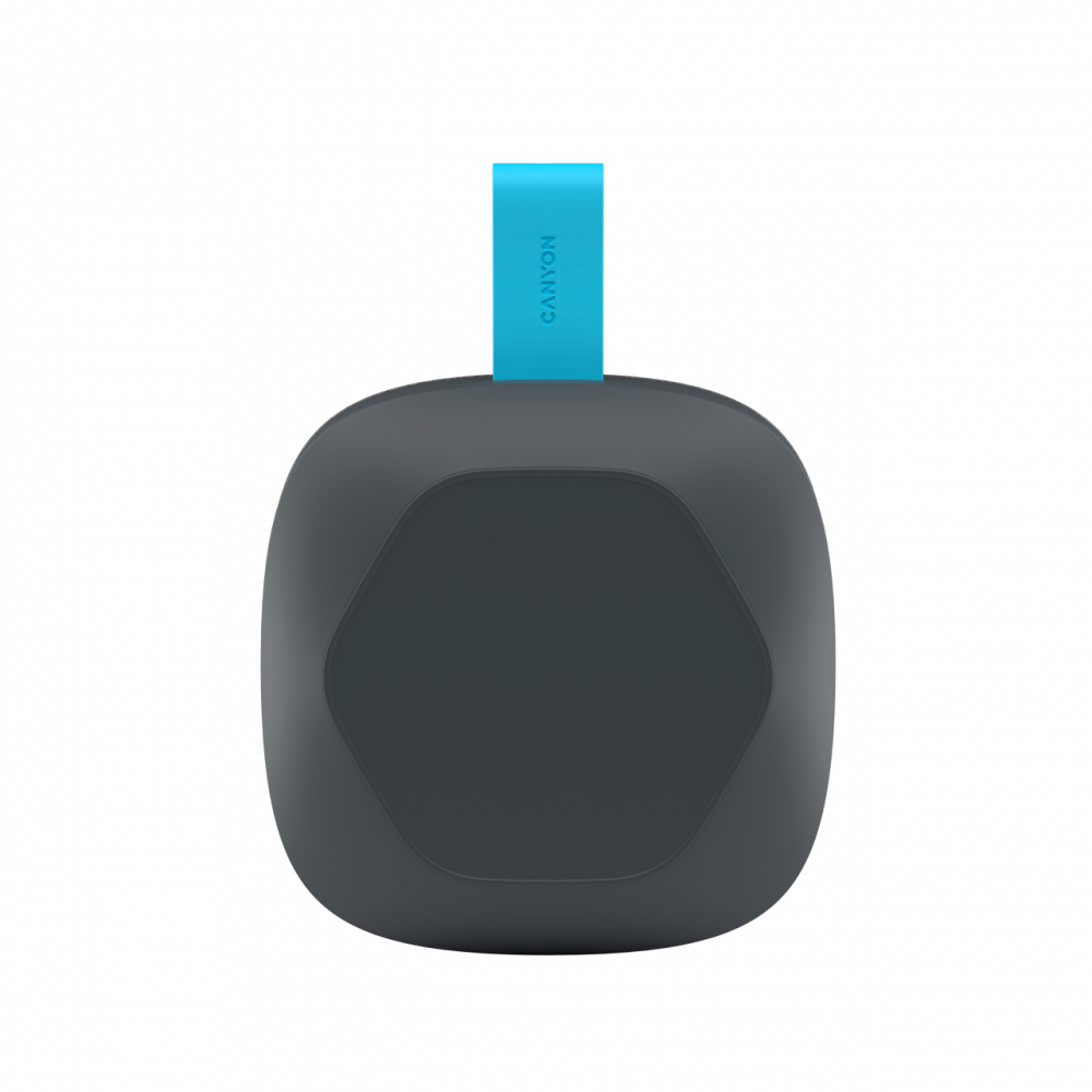 Ciemnoszare, zaokrąglone urządzenie z niebieskim paskiem i logo CANYON.
