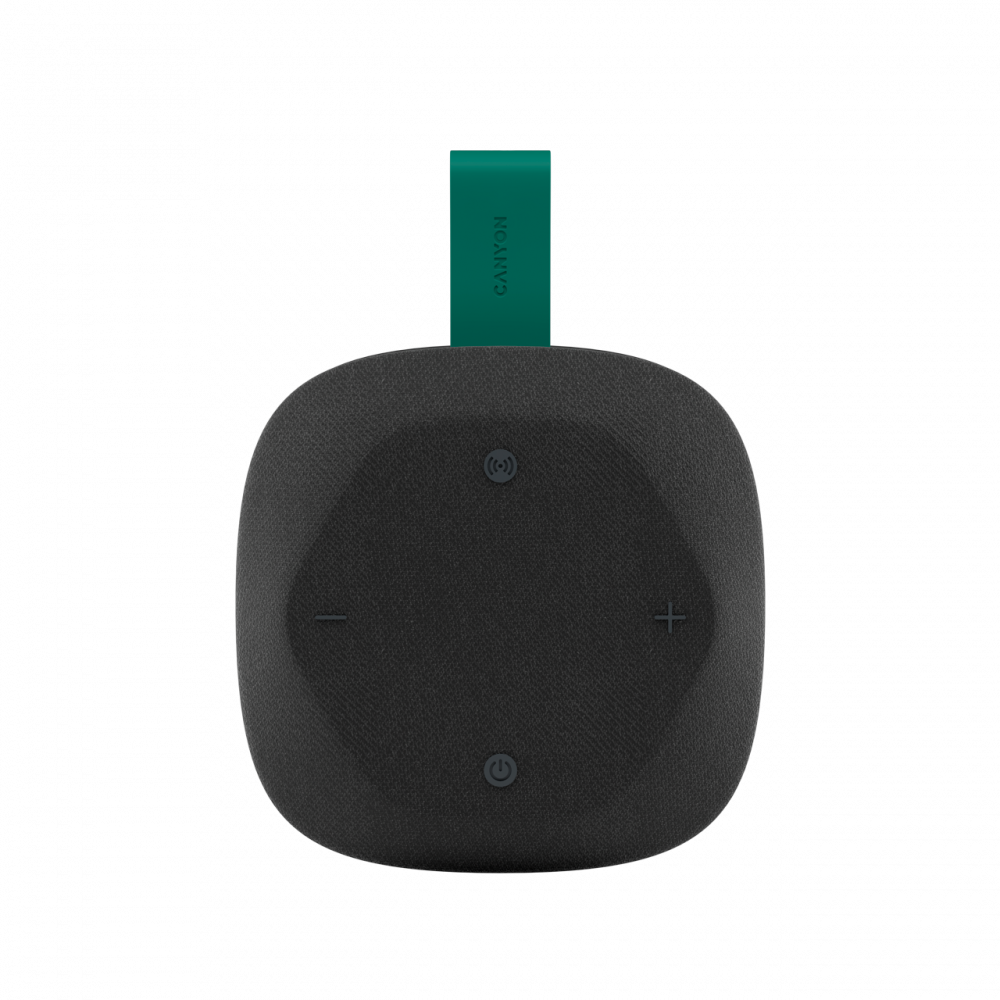 Czarny głośnik z zieloną pętelką. Ikony sterowania nadrukowane na powierzchni.