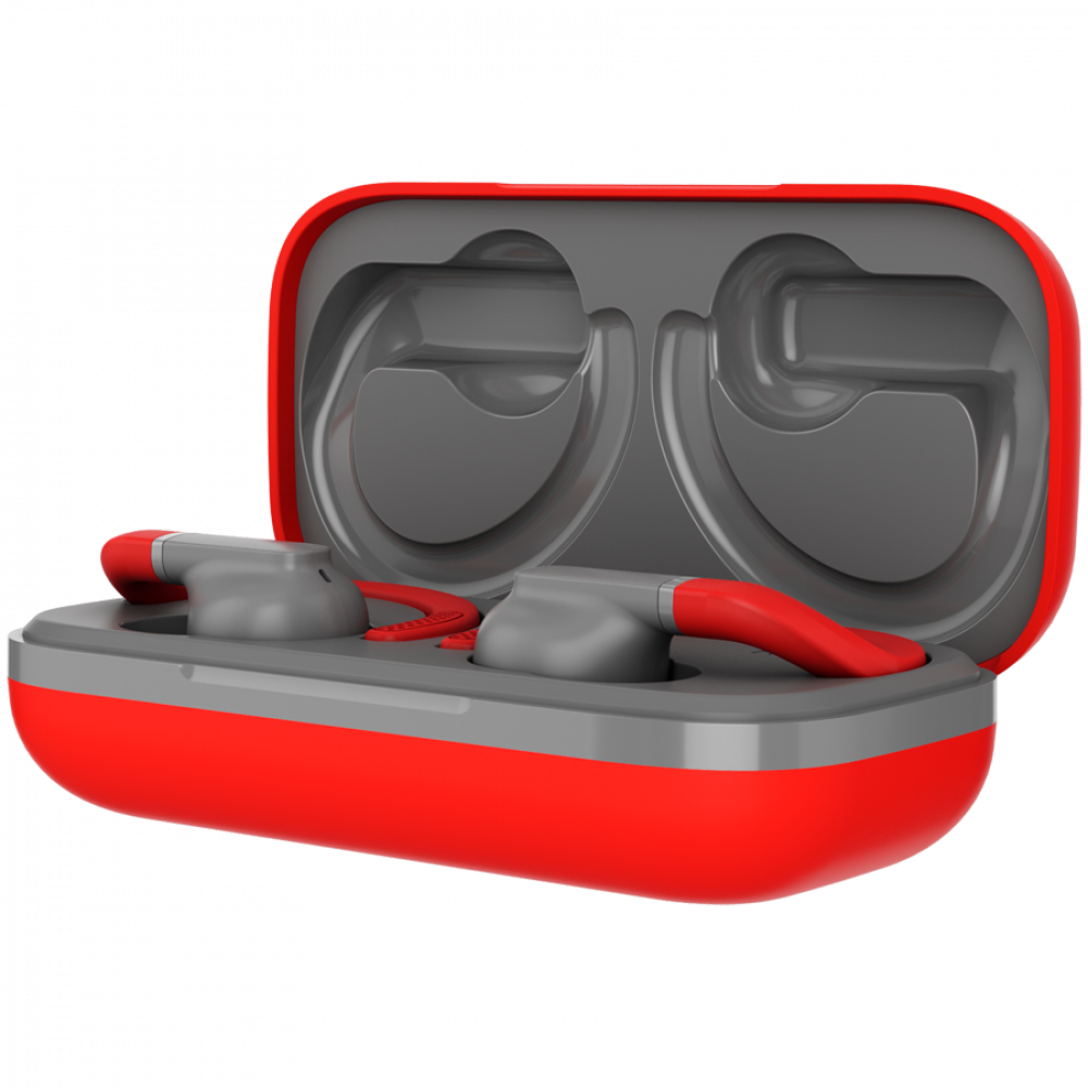 Szare słuchawki z czerwonymi detalami w czerwono-szarej ładowarce.