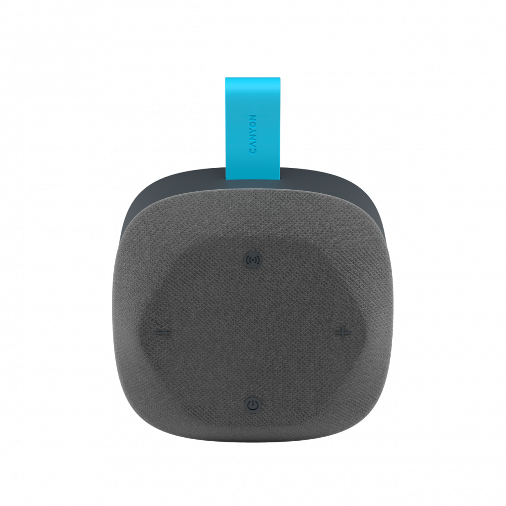 Szary głośnik z niebieskim uchwytem i logo Canyon.
