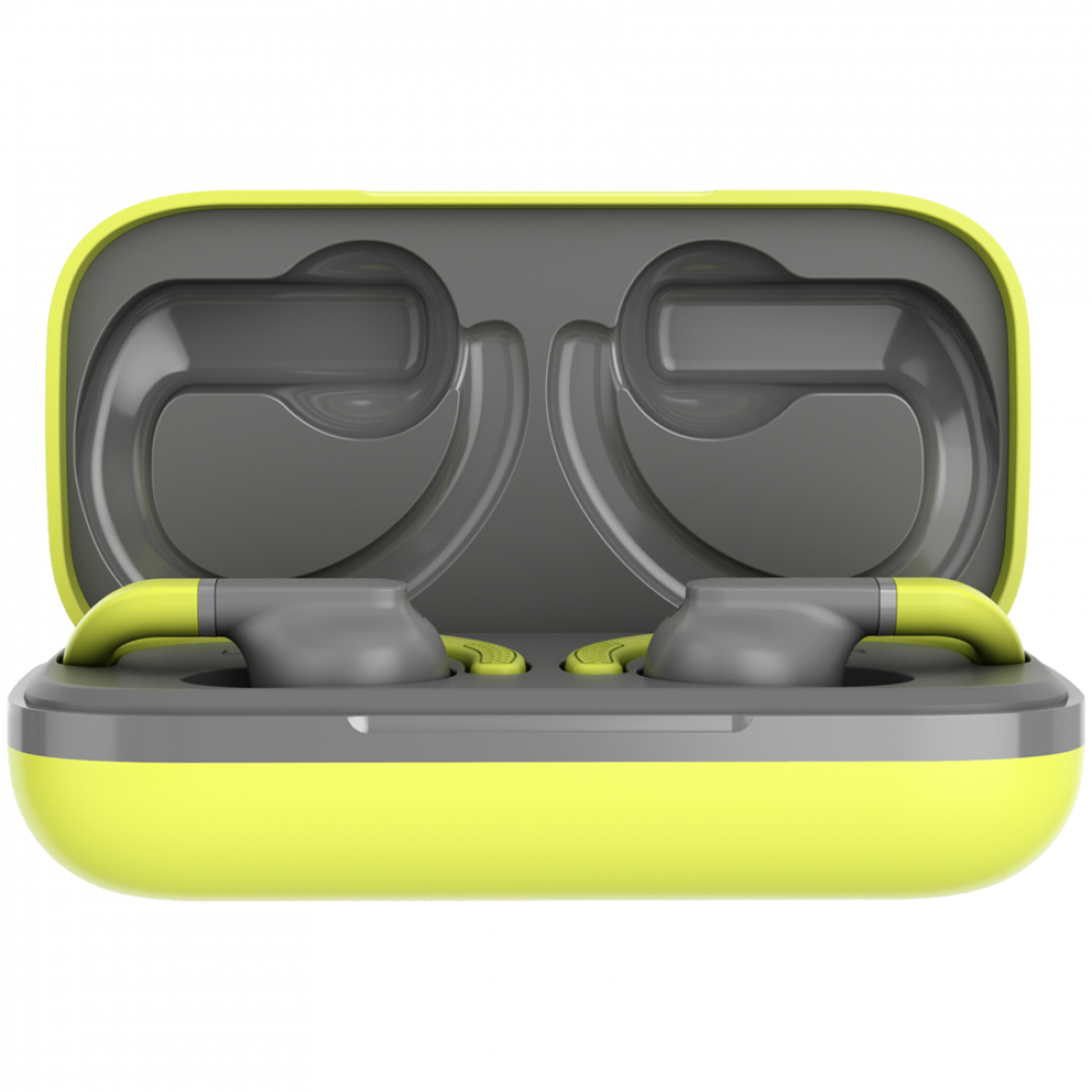 Szare słuchawki z żółtymi akcentami w żółtym etui ładującym.