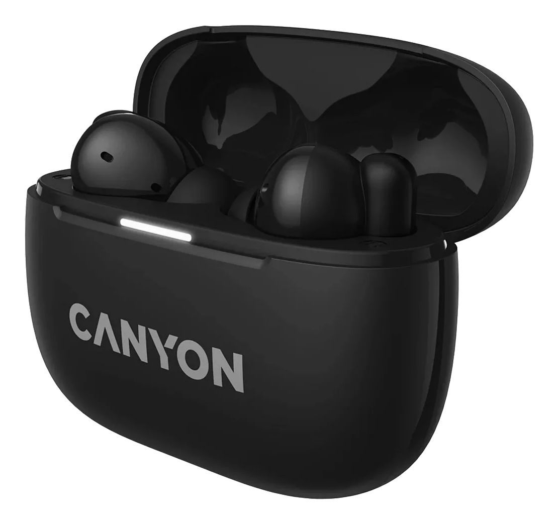 Czarne etui ładujące Canyon ze słuchawkami i świecącym paskiem.