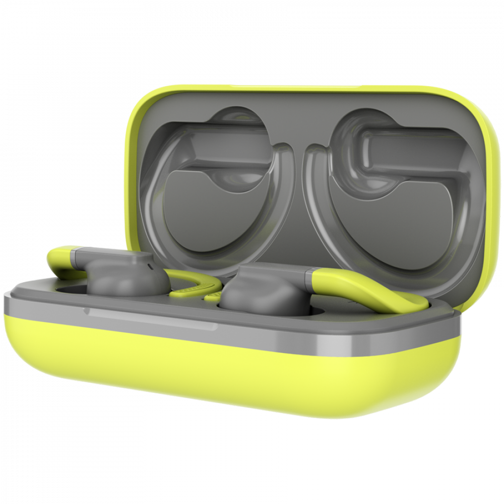 Szare słuchawki douszne z żółtymi akcentami w otwartym, żółto-szarym etui ładującym.