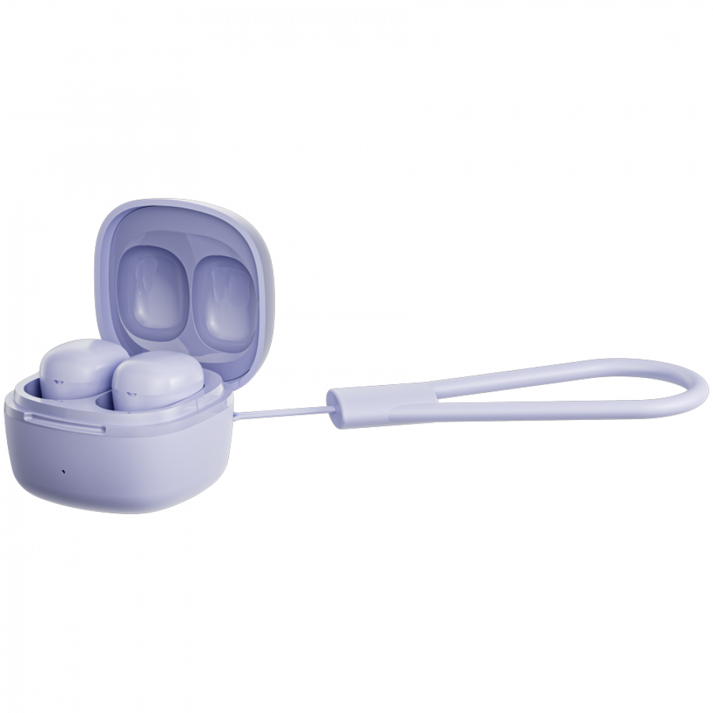 Fioletowe etui ładujące z dwoma słuchawkami i paskiem.