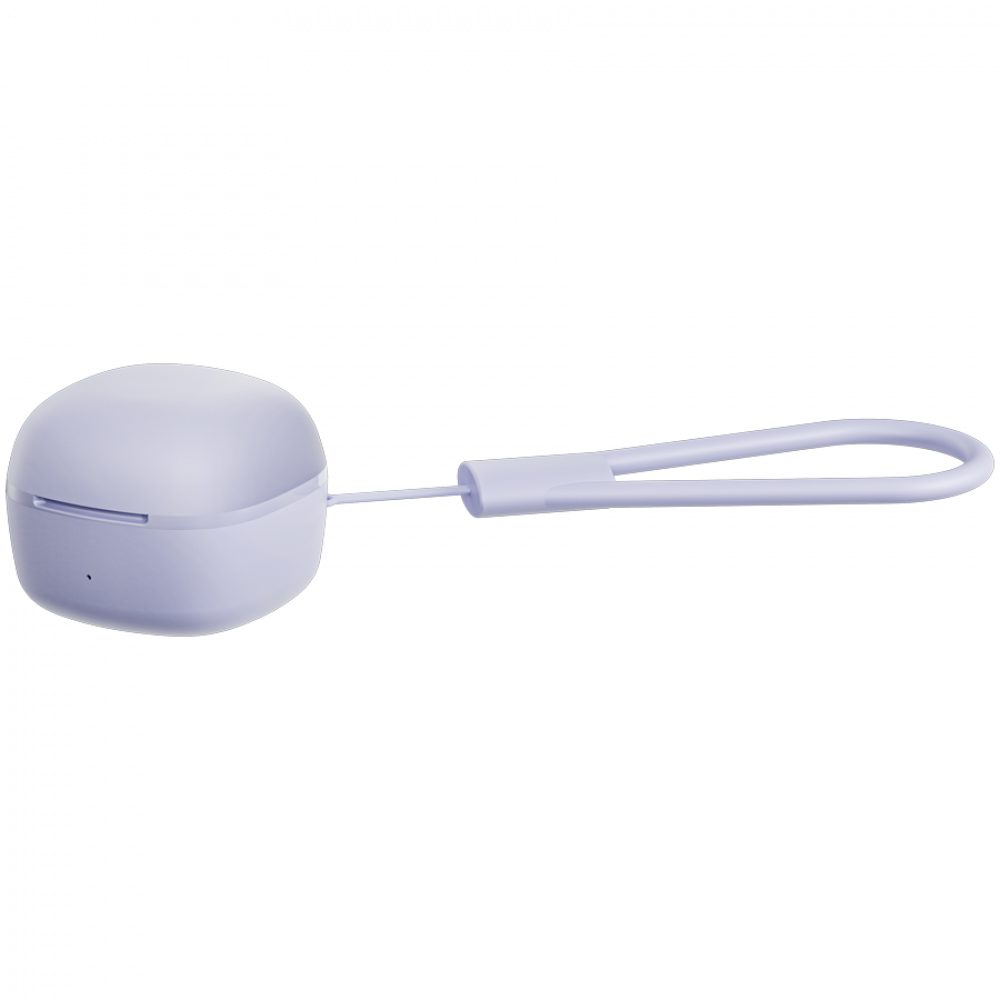 Lawendowe etui ładujące do słuchawek z pętelką.