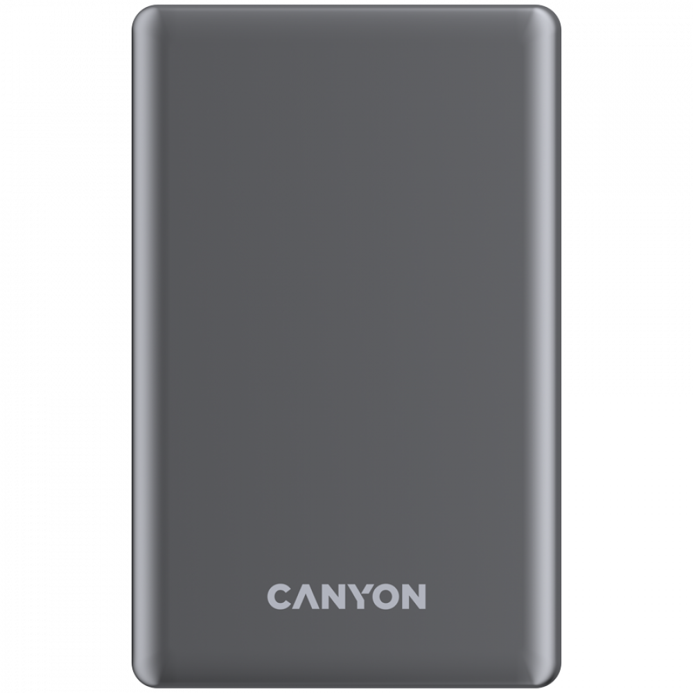 Szary power bank Canyon z zaokrąglonymi rogami.