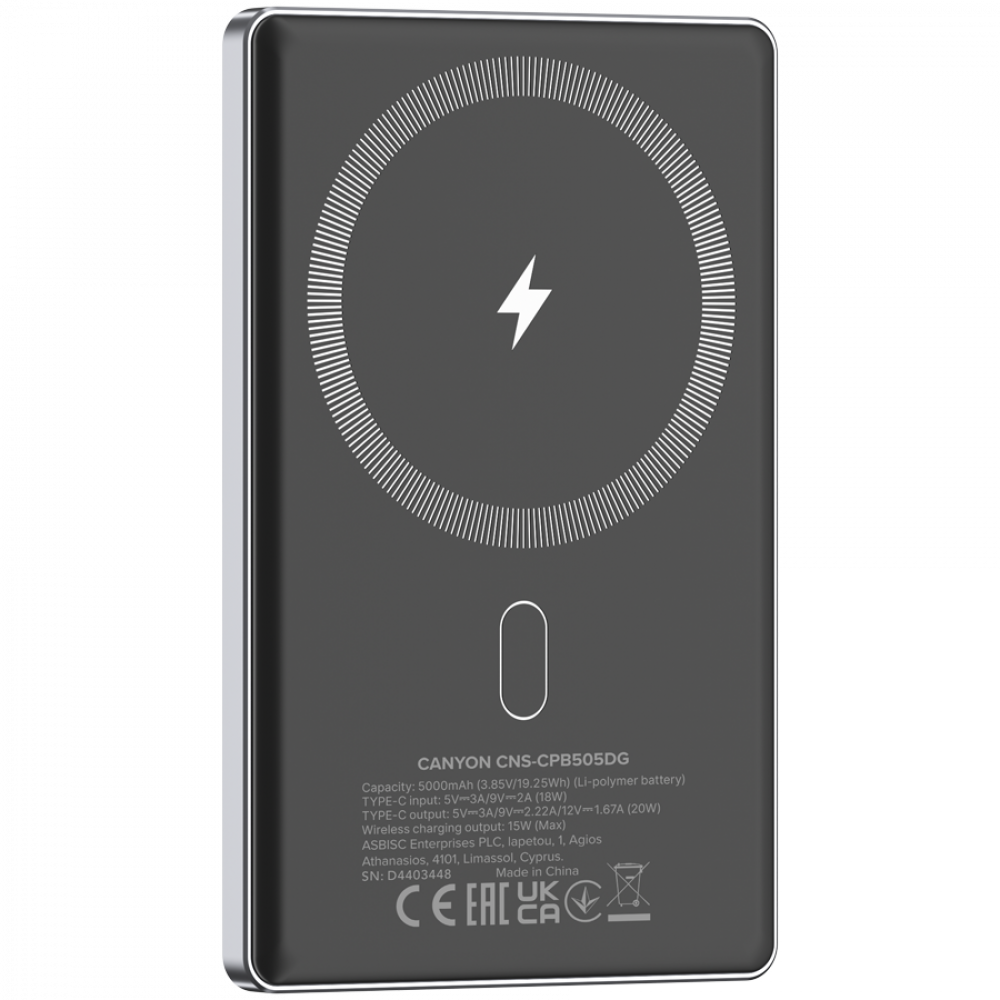 Szary power bank z symbolem błyskawicy i wskaźnikiem ładowania. Pojemność 5000mAh.