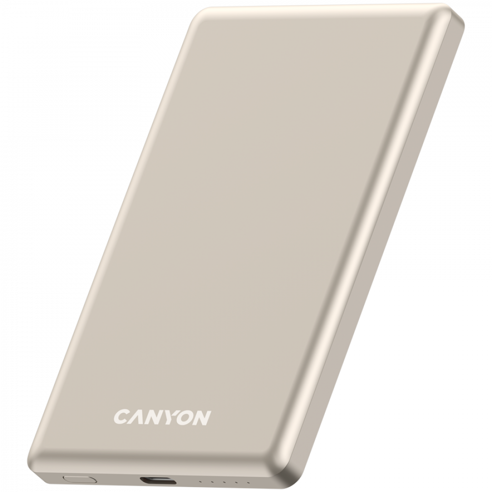 Smukły, beżowy power bank Canyon z portem USB-C.
