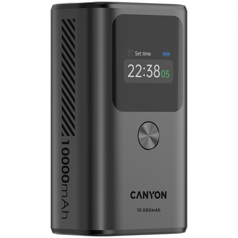 Szary powerbank Canyon 10 000 mAh z cyfrowym wyświetlaczem i przyciskiem.