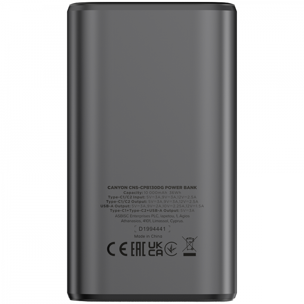 Szary power bank Canyon ze specyfikacjami i certyfikatami.