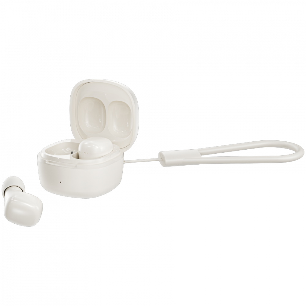 Biała para słuchawek bezprzewodowych z etui ładującym i paskiem.