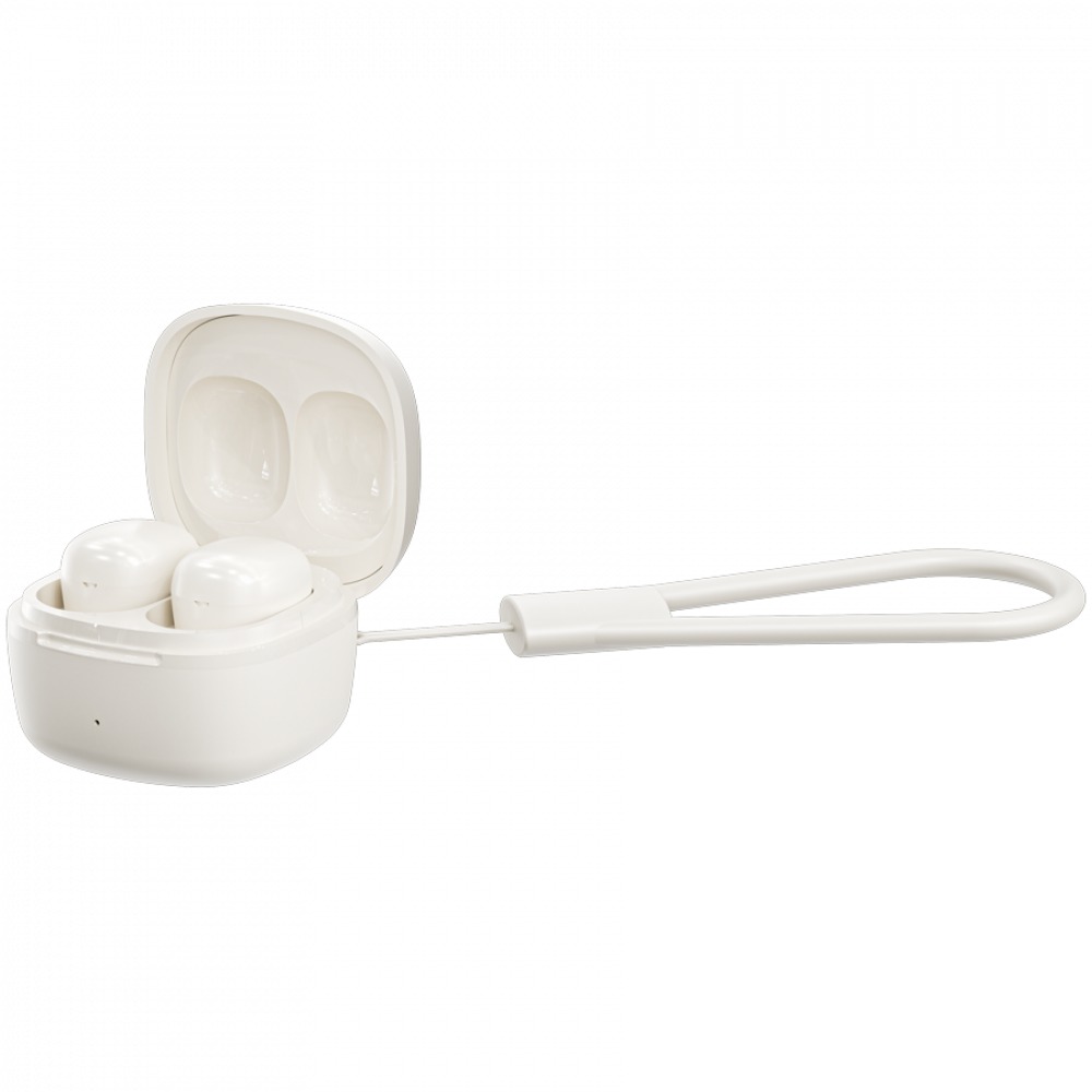 Białe słuchawki bezprzewodowe w otwartym etui ładującym z paskiem.