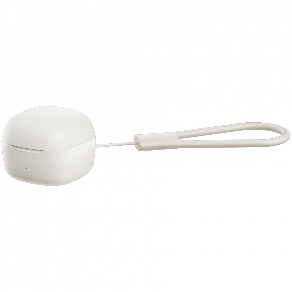 Białe etui ładujące do słuchawek z białym paskiem, na czarnym tle.