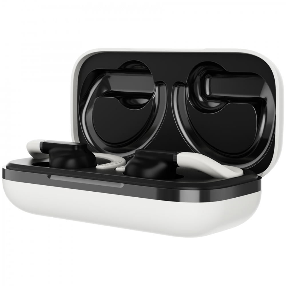 Białe etui ładujące z czarnymi słuchawkami i białymi zaczepami na uszy.