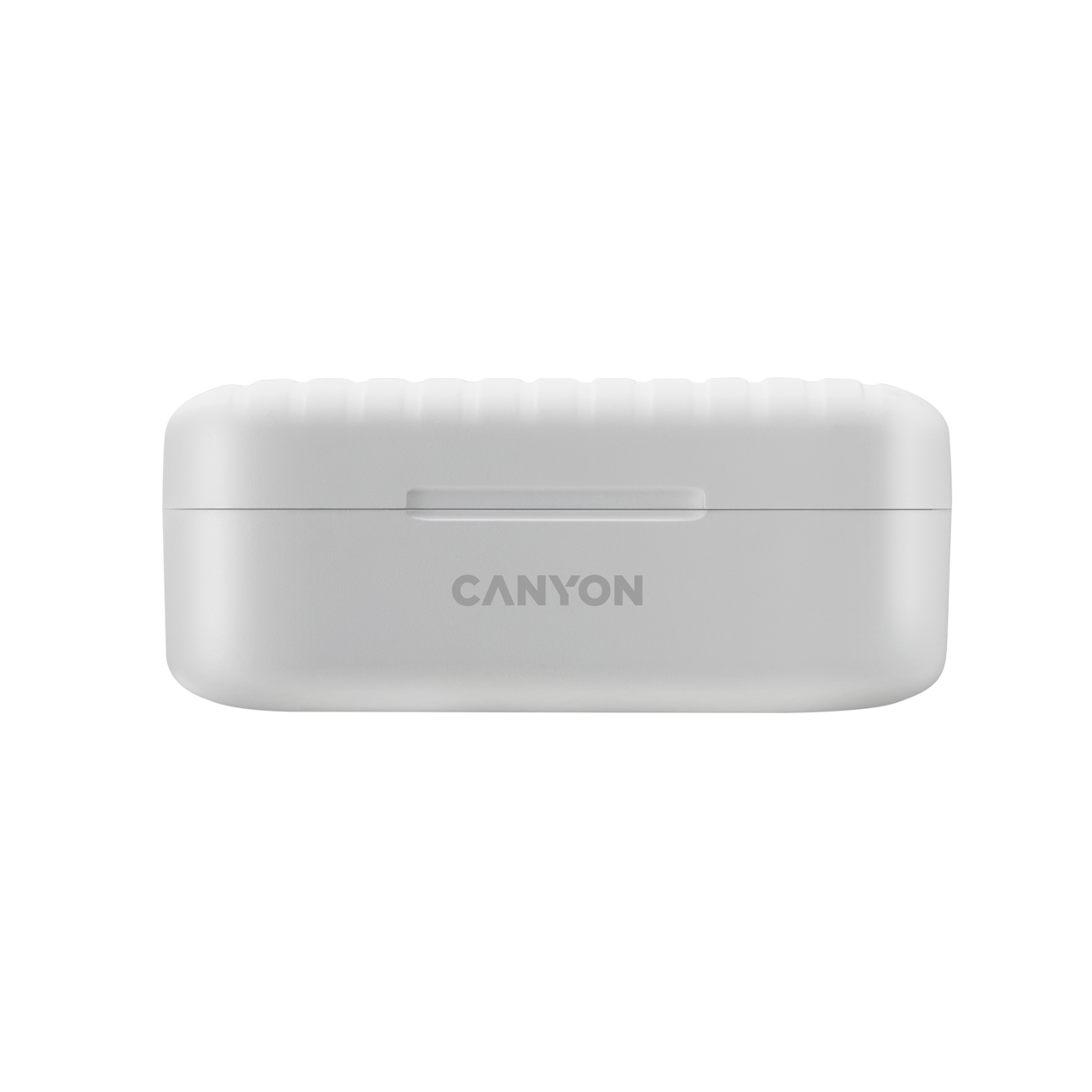 Una custodia di ricarica bianca per auricolari con coperchio scanalato e logo CANYON.