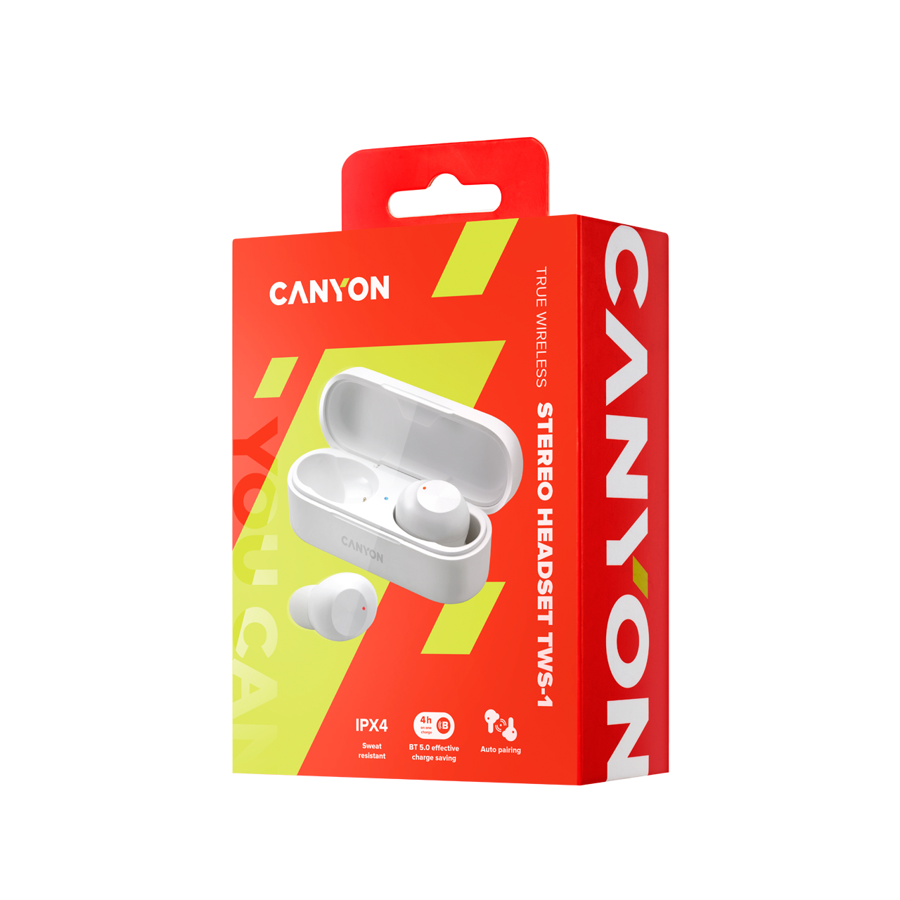 Confezione Canyon Stereo Headset TWS-1 con auricolari bianchi e custodia di ricarica.