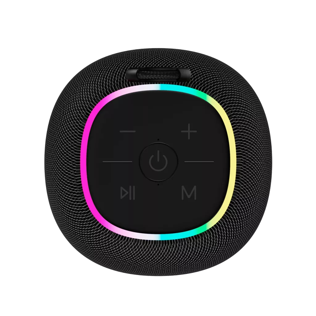Czarny, okrągły głośnik z przyciskami sterowania i kolorowym podświetleniem LED.