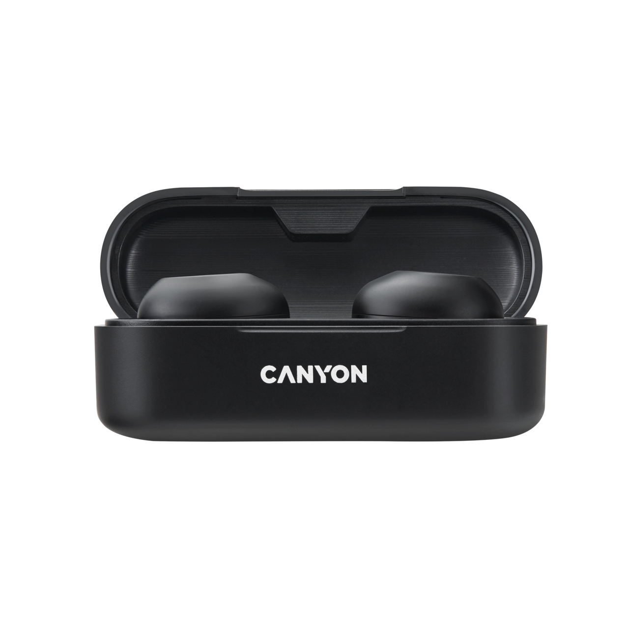 Czarne etui ładujące Canyon z otwartymi słuchawkami.