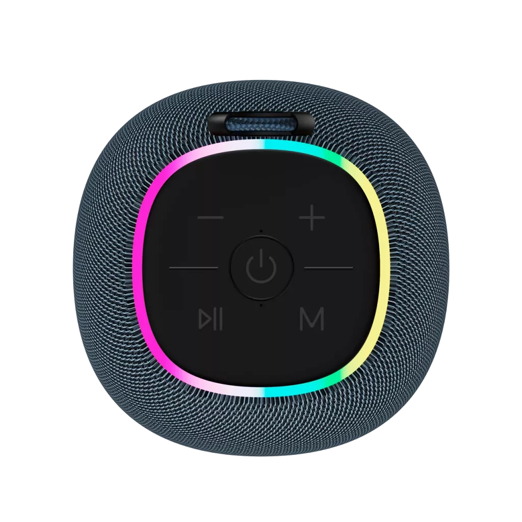Ciemny, okrągły głośnik Bluetooth z czarnymi przyciskami i kolorowym pierścieniem świetlnym.