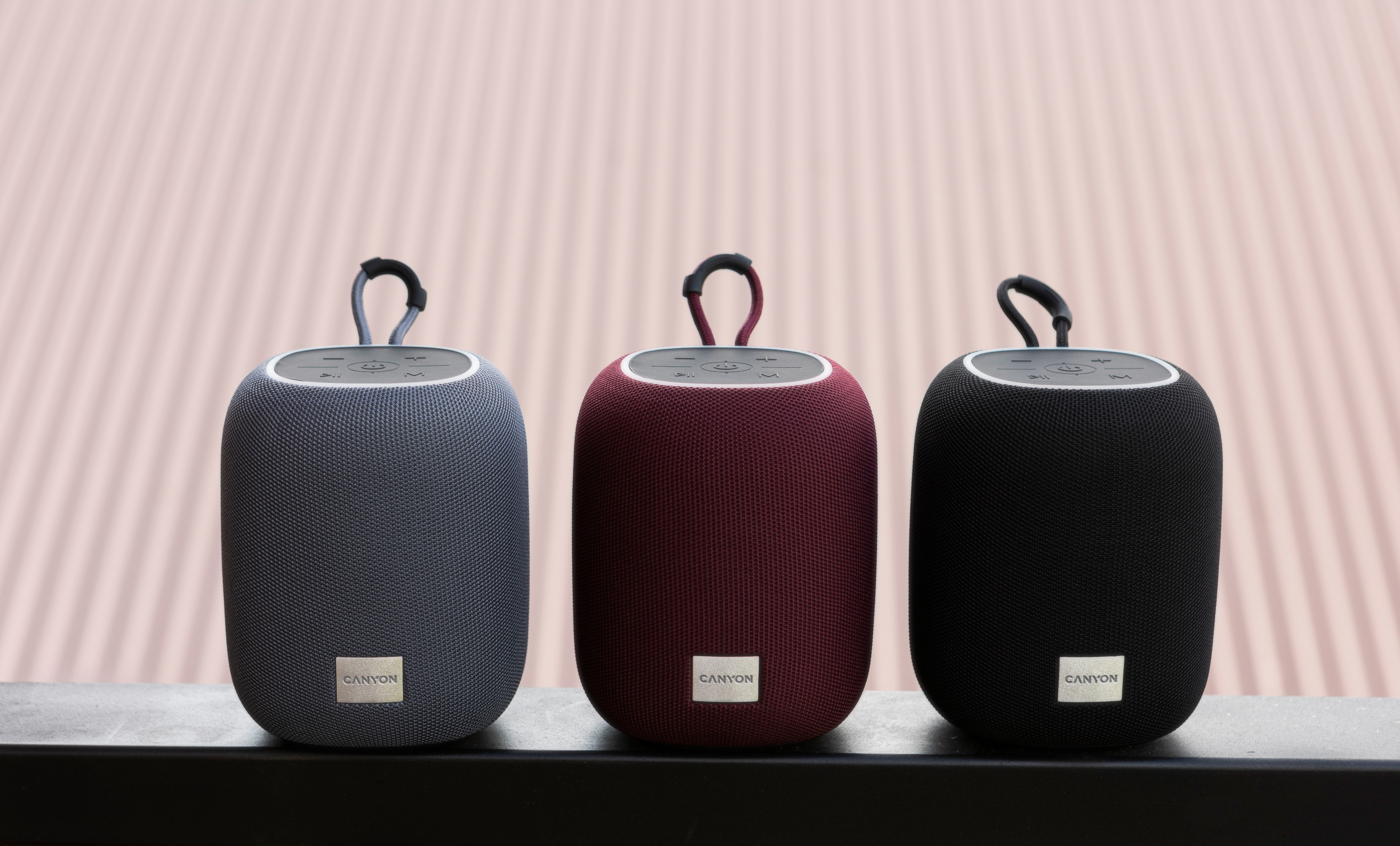 Trzy głośniki Canyon w kolorach szarym, bordowym i czarnym stoją obok siebie.