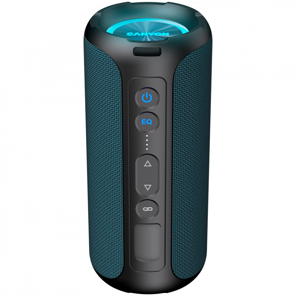 Niebieski, cylindryczny głośnik z logo Canyon i niebieskim światłem na górze.