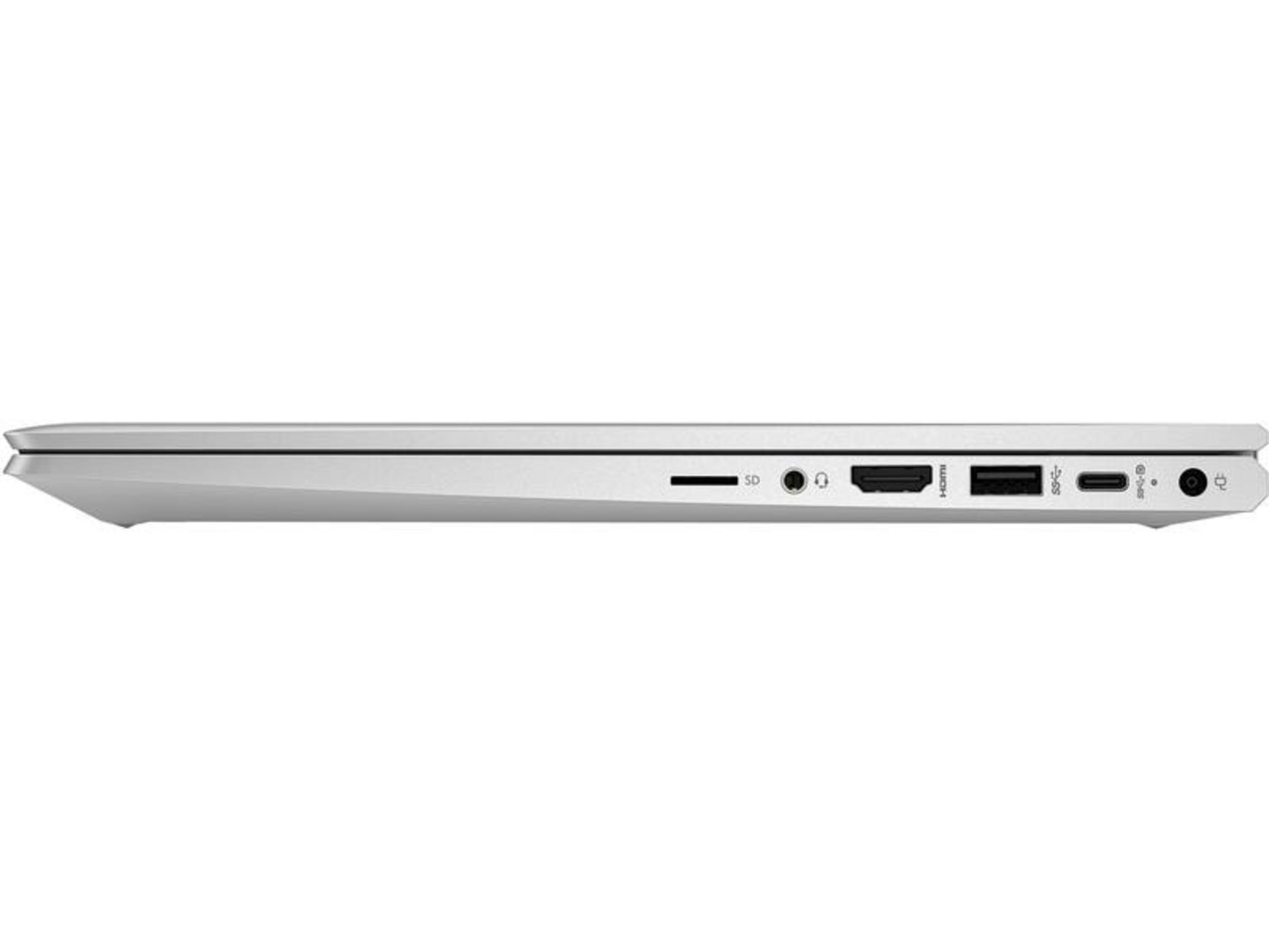 Porta laptop argento con slot SD, jack cuffie, HDMI, USB-C.